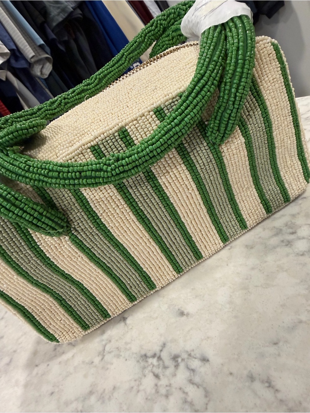 Anthropologie Striped Beaded Shoulder/Hand Bag in Green and Cream - Picture 7 of 8